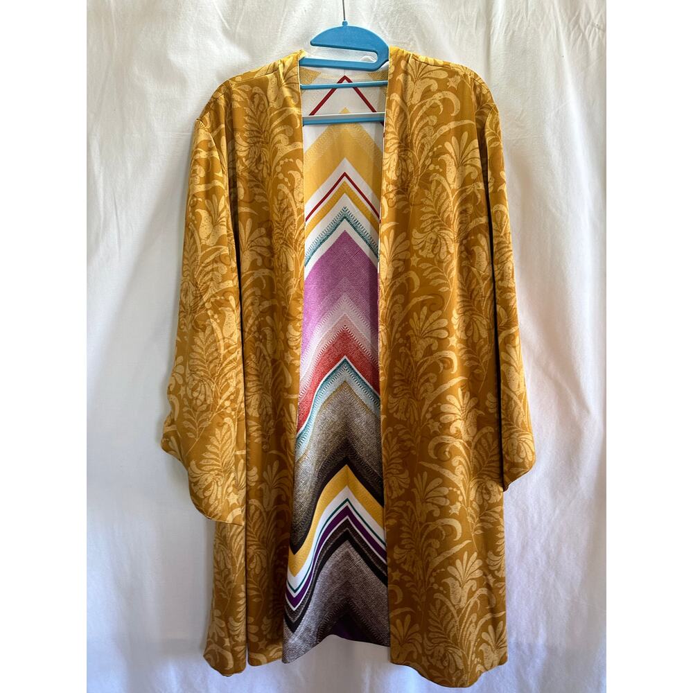 Reversible Boho Kimono Cardigan Mustard Chevron Print Flowy Sleeve Open Front - Picture 8 of 9